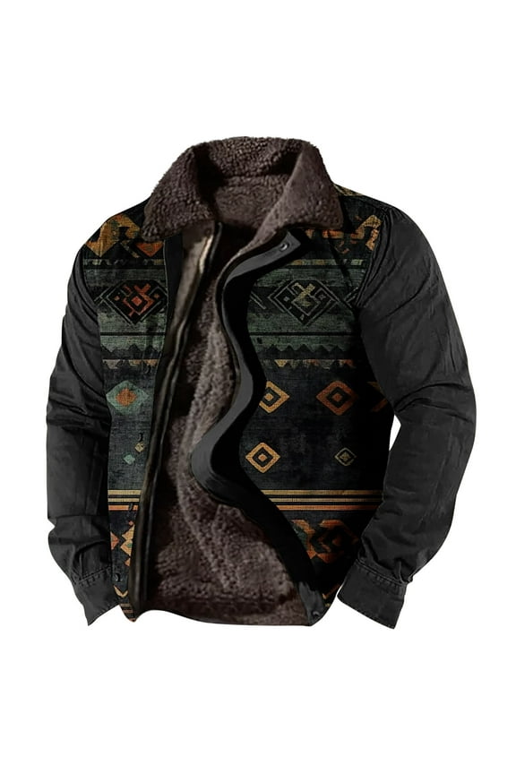 Men Jacket Black Vintage Heavyweight Fuzzy Trucker Jacket Fleece Lined Graphic Thermal Sherpa Coat Mens Coats L