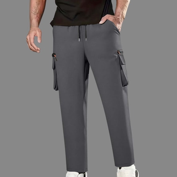 Dolkfu Men Pants Drawstring Work Zipper Pocket Cargo Pants Outdoors Straight Leg Relaxed Fit Mens Trousers S