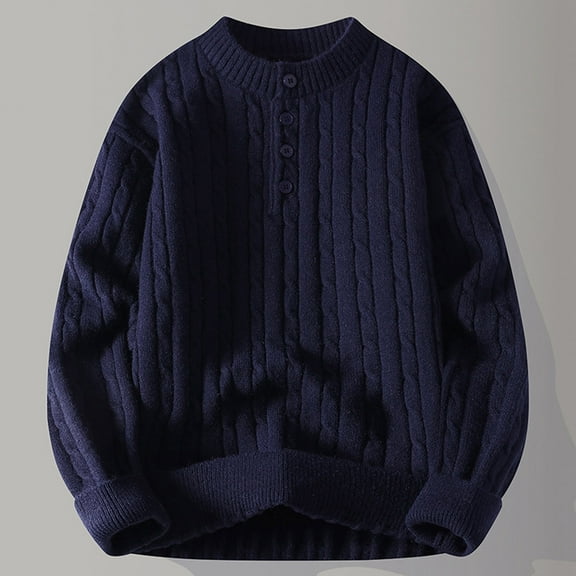 Dolkfu Men Sweaters Pullover Blue Cable Knit Sweaters Solid Crew Neck Loose Fit Sweater for Men M