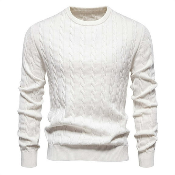 Dolkfu Men Sweaters White Cable Knit Casual Sweater Basic Solid Crew Neck Pullovers Men S