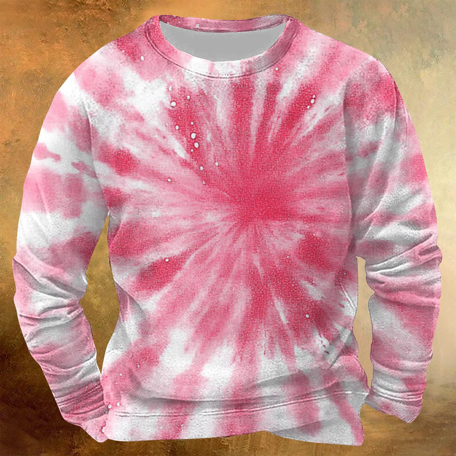 Dolkfu Men Sweatshirts Trendy Pink Long Sleeve Tie Dye Printed Crew