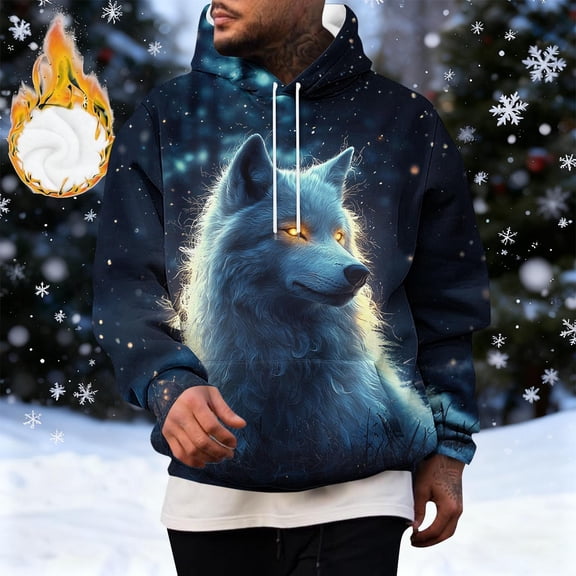 Dolkfu Men's Hoodies Fleece Wolf Pullover Sweatshirts Novelty Hooded Men's Shirts M