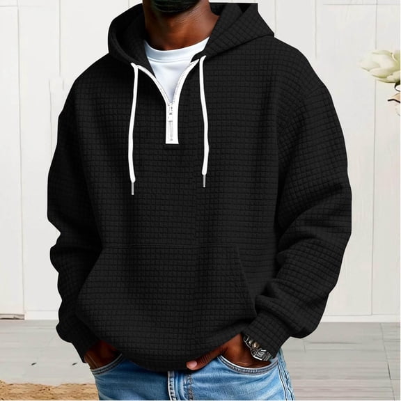 Dolkfu Men's Hoodies Quarter Zip Waffle Sweatshirts Plus Size Hooded Pullover Mens Shirts Casual S