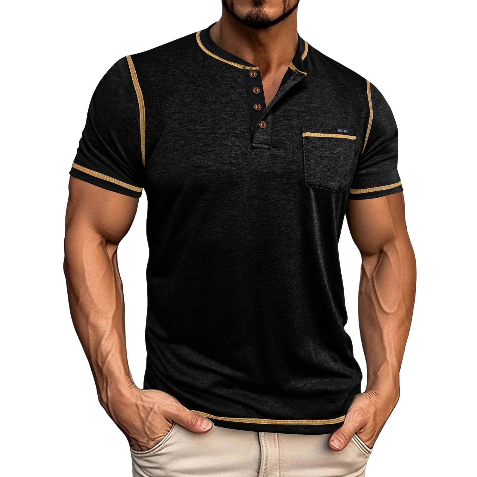 Dolkfu Men's Shirts Henley Cotton T Shirt Short Sleeve Button Black Pocket Men's T-Shirts S