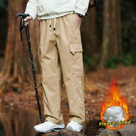 Dolkfu Mens Casual Pants Drawstring Fleece Lined Yellow Straight Leg Cargo Pants Isulated Elastic Waist Men Trousers,M