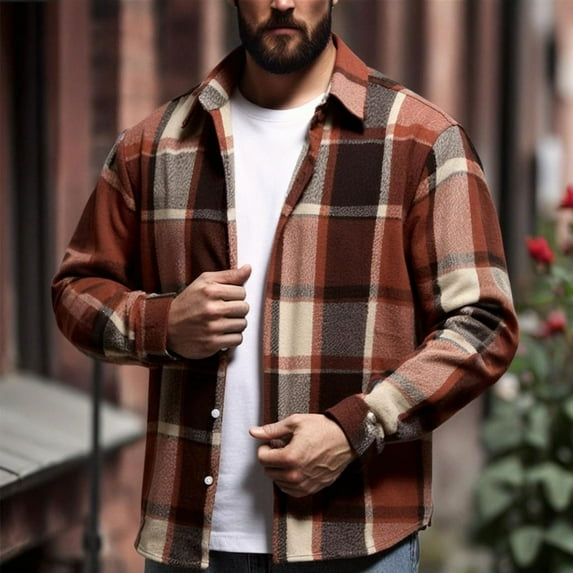 Dolkfu Mens Fall Shirts Plaid Flannel Button Down Shirt Long Sleeve Vintage Shirt Big and Tall Shirts L