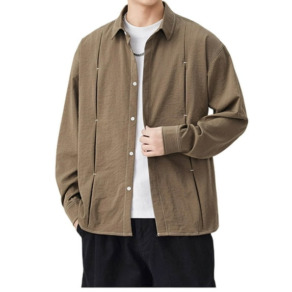 Dolkfu Mens Fall Shirts Vintage Solid Classic Fit Button Down Shirt Lapel Long Sleeve Shirt Jacket Winter Men Shirts XL