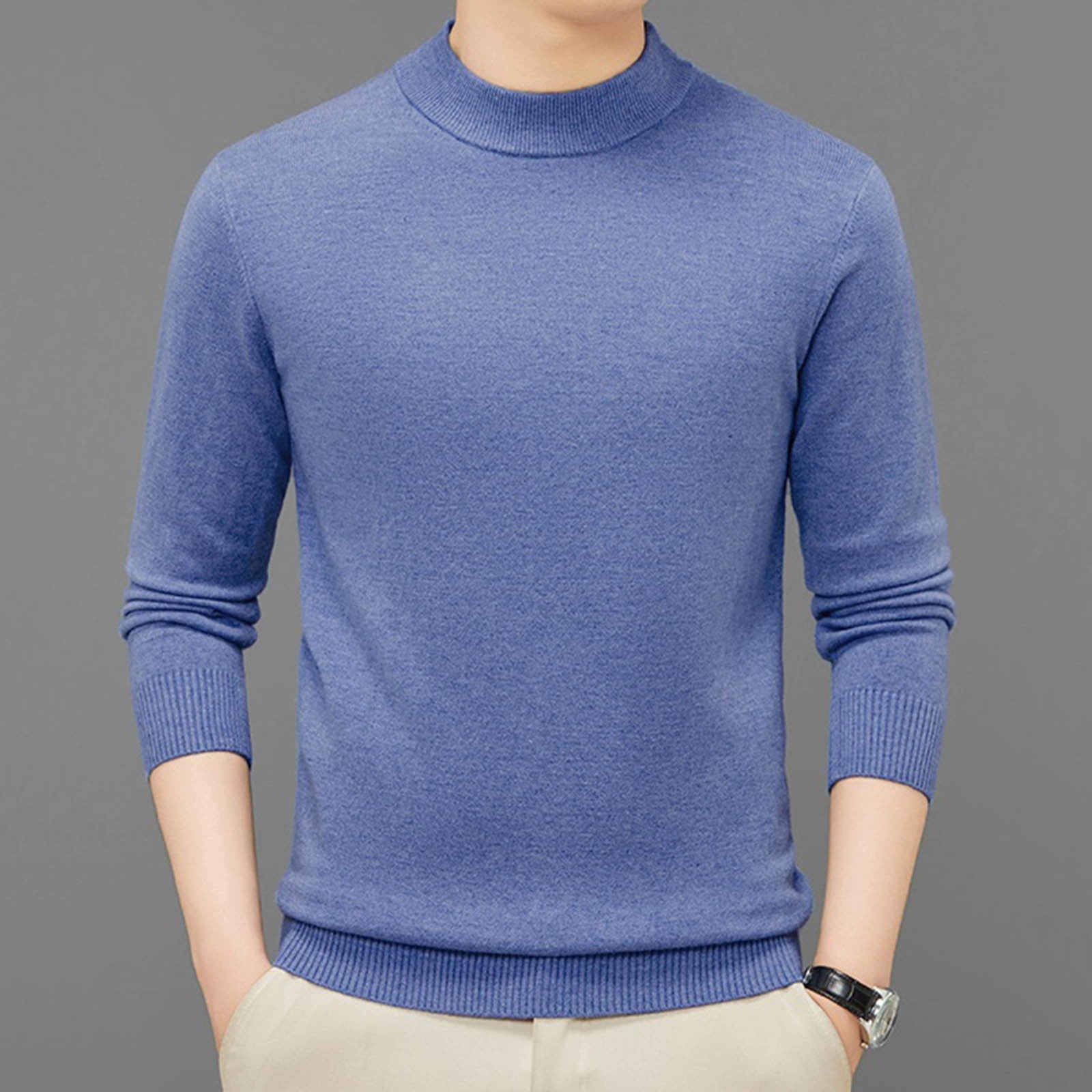 Dolkfu Mens Fall Sweaters 2025 Thicken Blue Pullover Mock Neck Sweaters ...