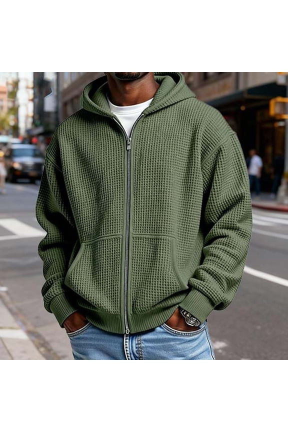 Mens Hoodie Waffle Zip Up Sweatshirts Long Sleeve Kanga Pocket Hooded Mens Shirts Casual Stylish L