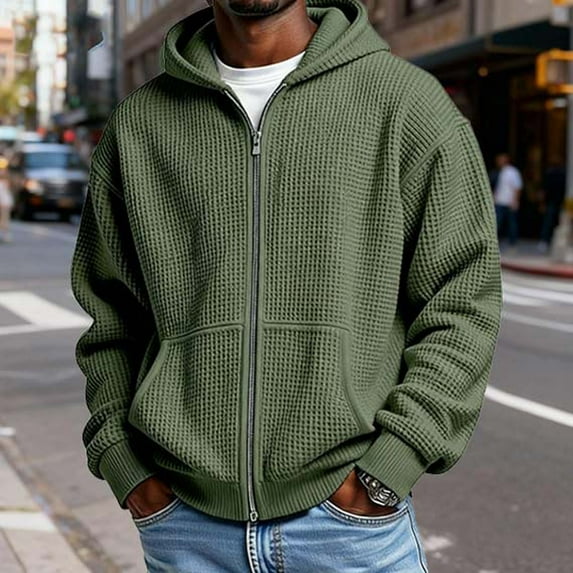Dolkfu Mens Hoodie Waffle Zip Up Sweatshirts Long Sleeve Kanga Pocket Hooded Mens Shirts Casual Stylish L