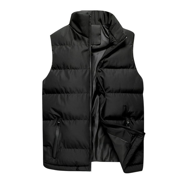 Dolkfu Mens Jacket Lightweight Solid Black Stand Collar Puffer Vest Sleeveless Zip up Outerwear Coat Coats for Men Fall L