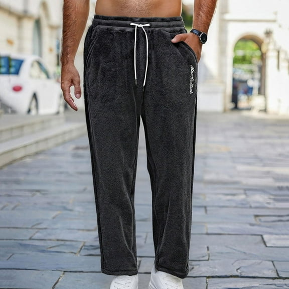 Dolkfu Mens Pants Casual Black Drawstring Athletic Fleece Sweatpants Isulated Fuzzy Embroidered Trousers Men,M
