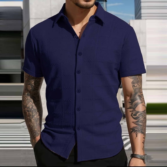 Dolkfu Mens Summer Shirts Blue Short Sleeve Jacquared Button Down Shirt Lapel Vacation Spring Tees for Men,L