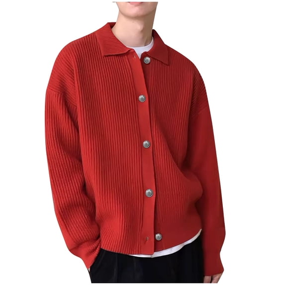 Dolkfu Mens Sweater Classic Fit Red Button Down Cardigan Sweaters Lapel Collar Ribbed Knitwear for Men M