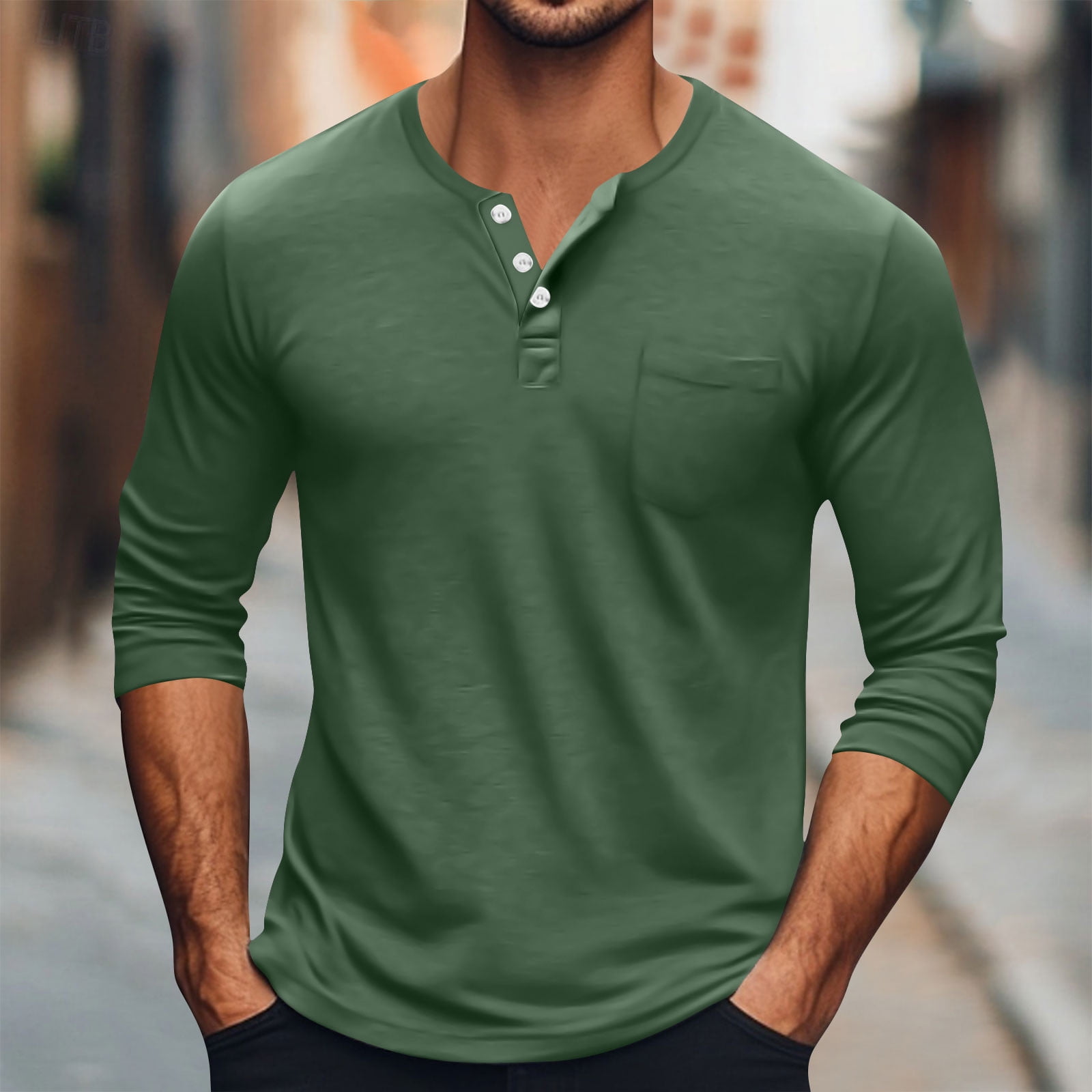 Dolkfu Mens Tee Shirt Button up Henley Solid Pocket Long Sleeve T ...