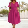 thumbnail image 1 of Dolkfu Mid-Length Going Out Dresses Short Sleeve V-Neck Waist Cinched Pink Faux-Wrap Dresses Modern Vacation Solid Regular Dresses Hot Pink,Xxxl, 1 of 5