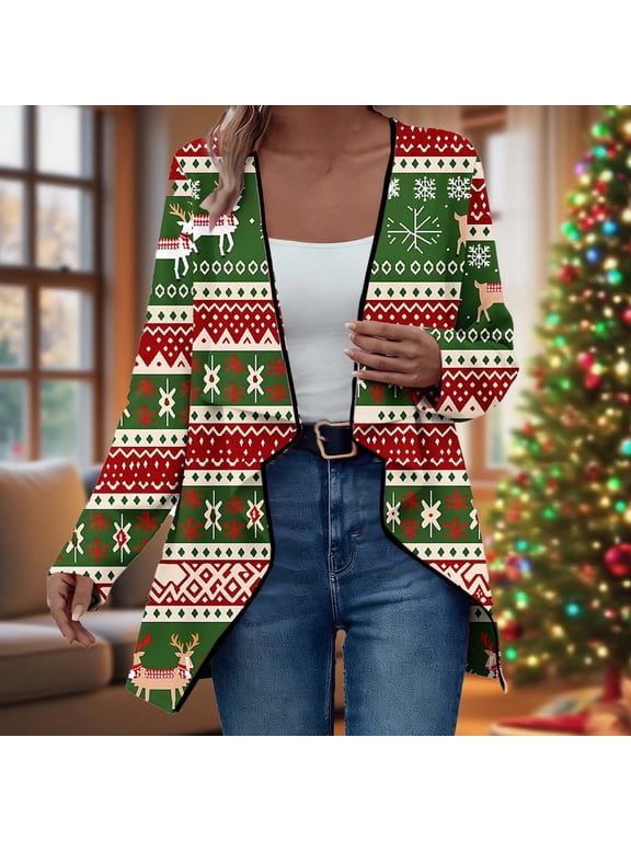 Mid-Length Green Women'S Christmas Jacket Long Sleeve Christmas Geometric Winter Lightweight Overcoat Jackets Retro Vintage Stylish,S