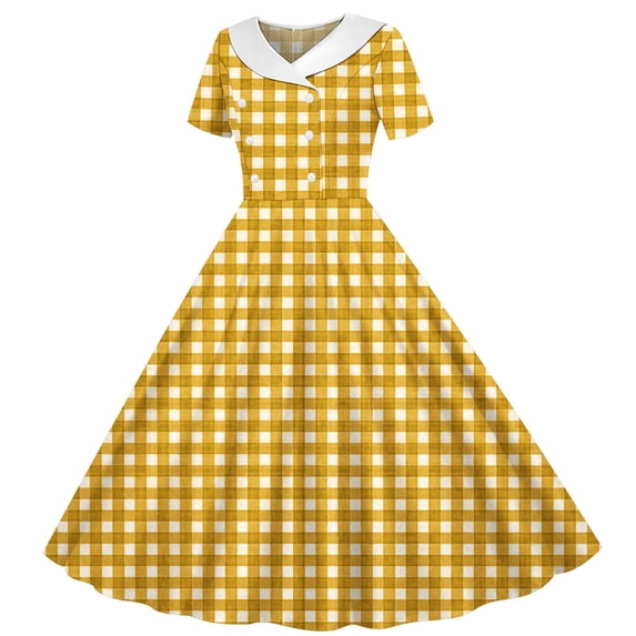 Dolkfu Mid-Length Summer&Fall Dresses for Women French Style Yellow Short Sleeve Collared Fit & Flare Dresses Plaid Full Swing Flared Dresses Yellow,Xxl