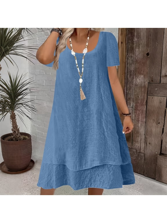 Mid-Length Women Clothing Crew Neck Short Sleeve Minimalist Blue Dresses Modern Refreshing Relaxed Fit Solid A-Line Dresses Blue,Xxxl