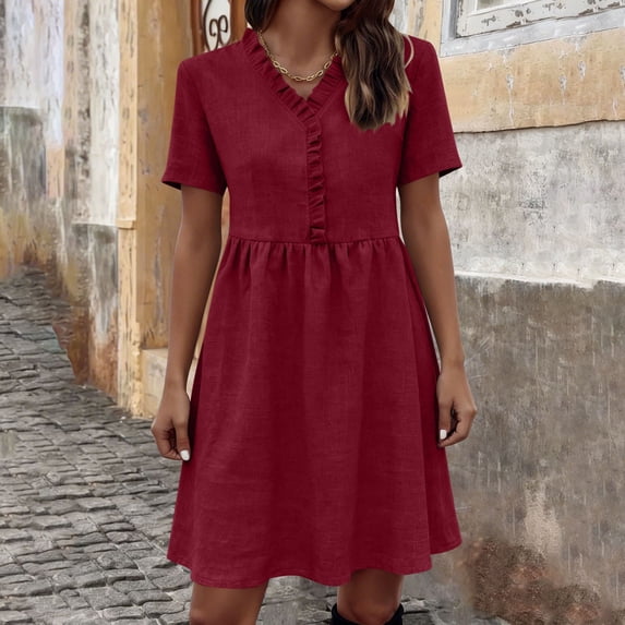Dolkfu Mid-Length Women'S Fall&Winter Dresses Fashion V-Neck Short Sleeve Red Dresses Regular Vintage Finish Solid Fit & Flare Dresses Red,Xxxxl