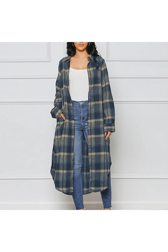 Mid-Length Womens Fall Jacket Blue Cotton Linen Trench Coat Button Down Plaid Long Jacket Women Winter Coat M