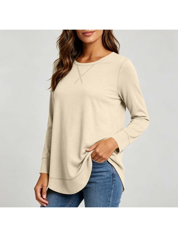 Minimalist Going Out Tops Long Sleeve Crew Neck Beige High-Low Tops Modern Solid Refined Relaxed Fit Tops Beige,L