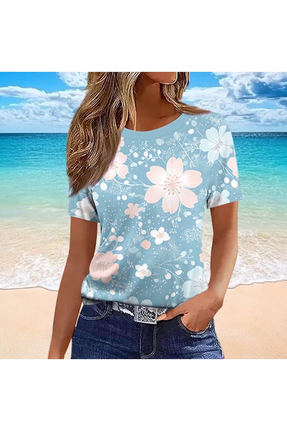 Minimalist T Shirts for Women Blue Pull-on Crew Neck Short Sleeve T-Shirts Printed Floral Refined Tops Light Blue,S