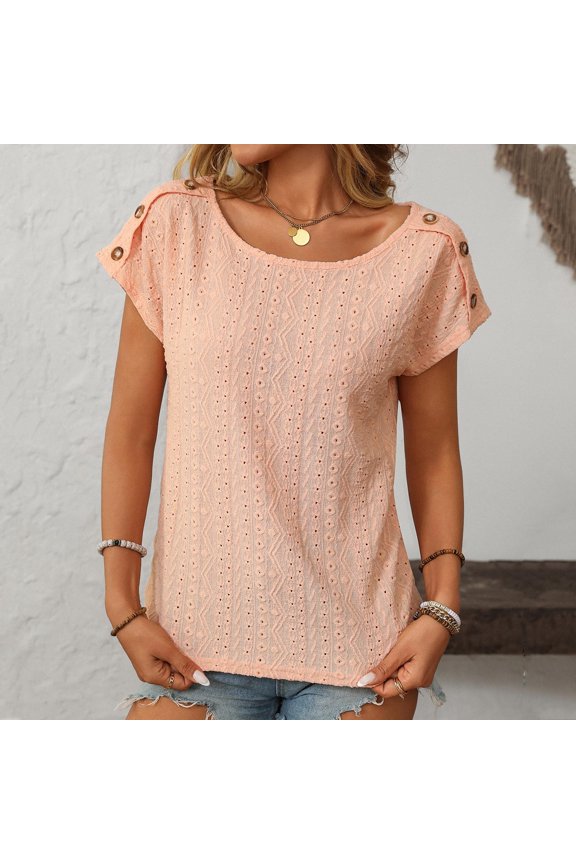 Minimalist Tops for Women Trendy Short Sleeve Pull-on Crew Neck Orange T-Shirts Modern Solid Retro Ornamental Button Tops Orange,S