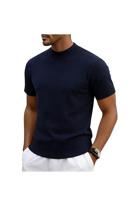 Minimalist True Classic Tees Men Short Sleeve Crew Neck Blue Tops Casual Solid Modern Pull-On Fashion T-Shirts Navy,S