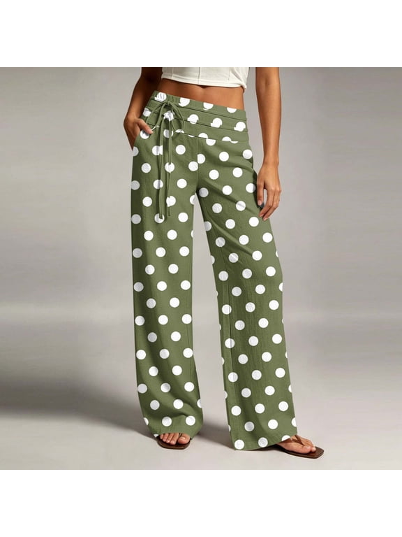 Minimalist Women'S Pants Straight-Leg Green Full Cotton Blend Low-Waist Joggers Pants Elastic Waist Refined Polka Dot Pants Army Green,L