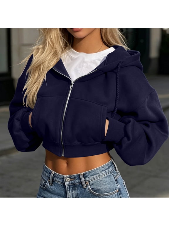 Minimalist Women'S Tops Blue Long Sleeve V-Neck Cropped Mid-Weight Windbreaker Modern Solid Refined Relaxed Fit Jackets Navy,Xl
