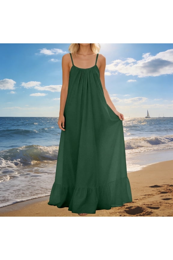Minimalist Womens Summer&Fall Dresses Green Maxi Sleeveless Square Neckline Slip Dress Relaxed Fit Casual Modern Solid Dresses Green,M