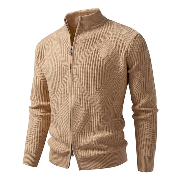 Dolkfu Mock Neck Mens Sweater Brown Full-Zip Cardigan Sweaters Ribbed Mens Stand Collar Slim Fit Sweater Jacket XXL