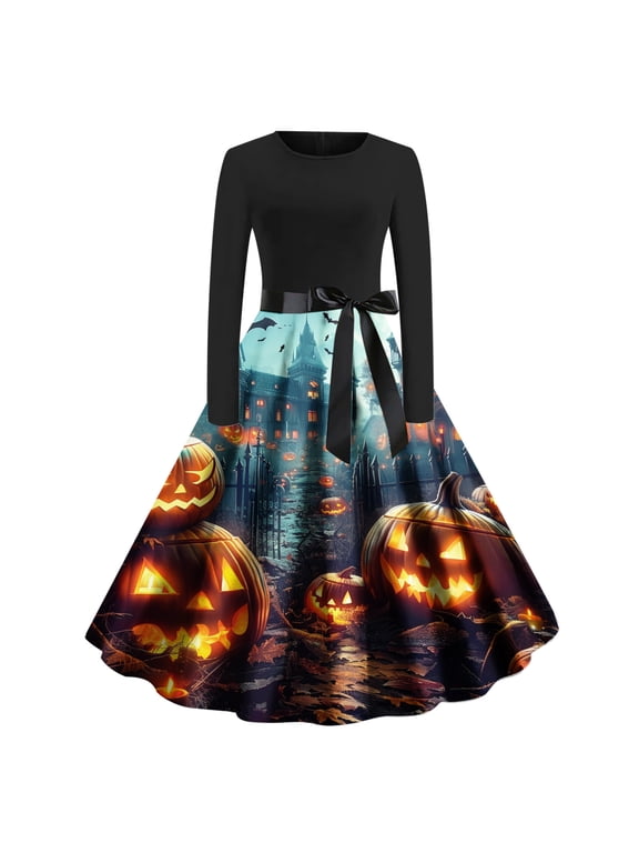 Multicolor Gothic Halloween Dresses For Women Long Sleeve Crew Neck Halloween Retro Vintage Mid-Length Ball Gown Dresses Pumpkin Bow,L