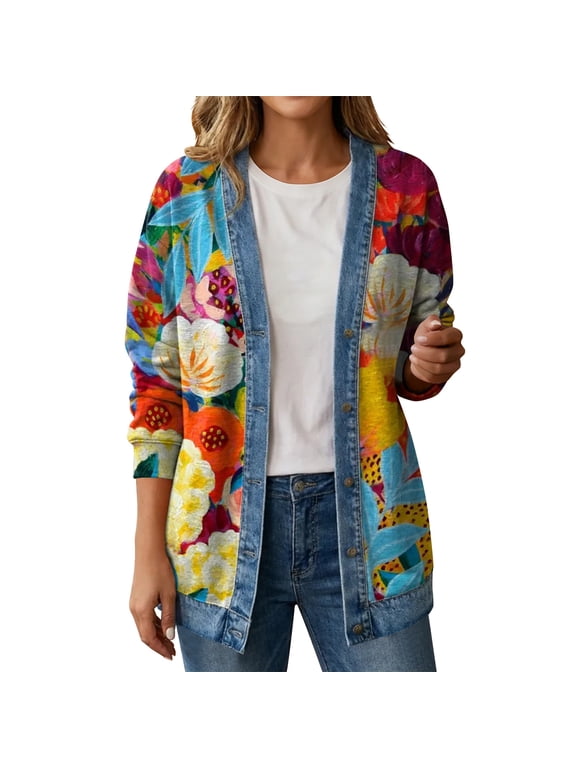 Multicolor Mid-Length Western Jackets Long Sleeve Western Style Flowers Fall Mid-Weight Windbreaker Jackets Refined Retro Vintage,XL