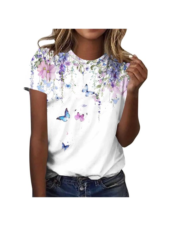 Multicolor T Shirts for Women Minimalist Short Sleeve Pull-on Crew Neck T-Shirts Butterfly Outdoor Printed Tops Multicolor,S