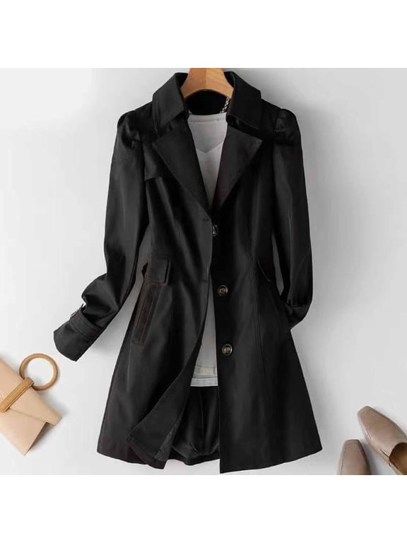 Notch Lapel Fall Jacket Women Single Breasted Black Trench Coat Mid Length Waterproof Windbreaker Womens Coats XXL
