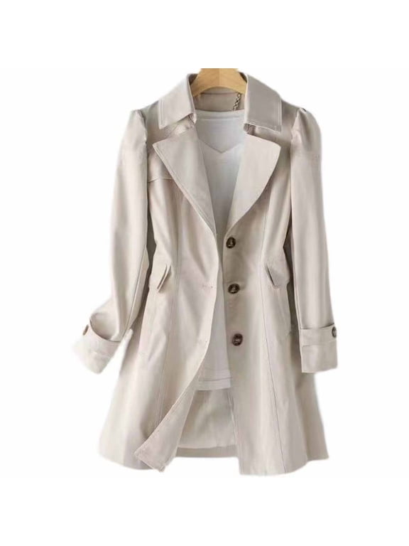Notch Lapel Womens Jacket Single Breasted Beige Trench Coat Waterproof Mid Length Windbreaker Womens Fall Coat M