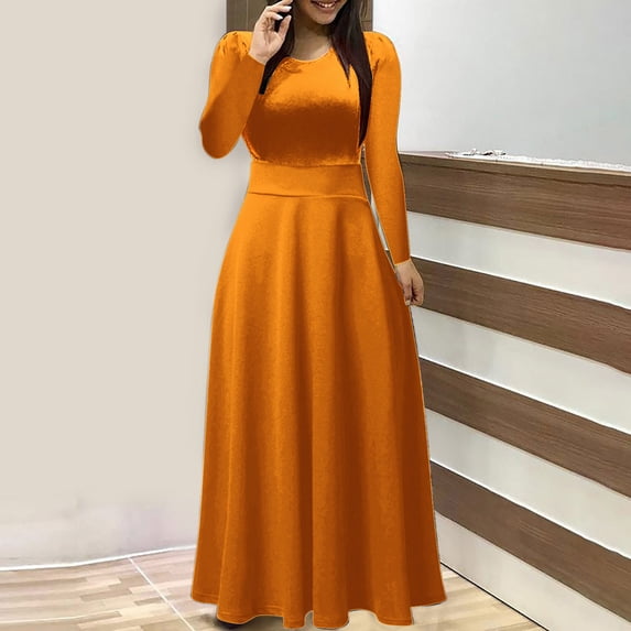 Dolkfu Orange Women'S Clothing Crew Neck Long Sleeve Waist Cinched Maxi Fit & Flare Dresses Outdoor Solid Modern Regular Dresses Orange,Xxl