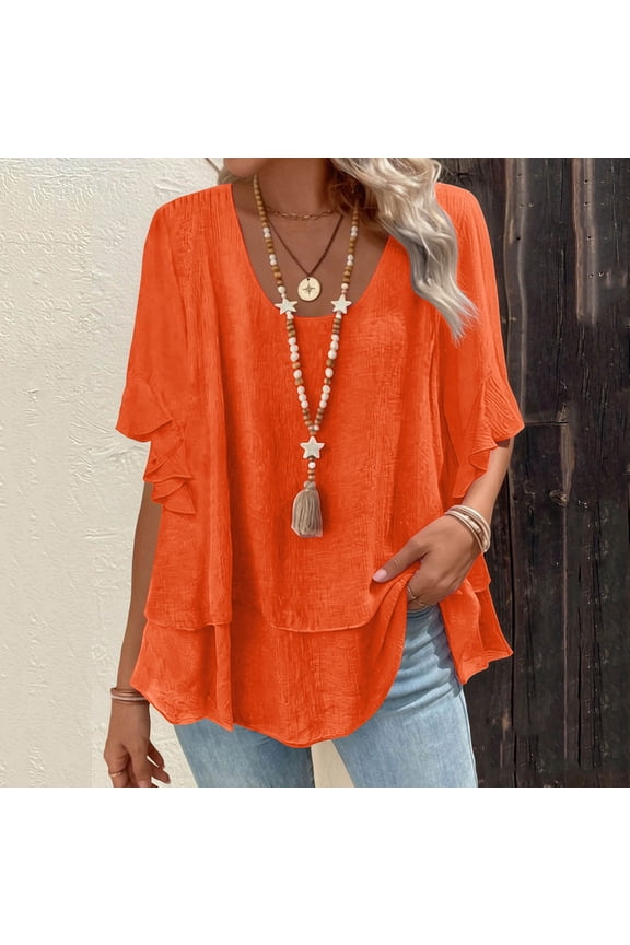 Orange Womens Summer Tops Elbow-Length Refreshing Crew Neck Tops Solid Retro Vintage Women Clothing