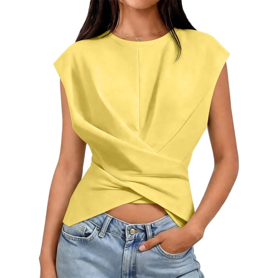 Dolkfu Outdoor Flowy Tank Tops for Women Yellow Sleeveless Pull-on Crew Neck Tank Tops Modern Solid Fashion Yellow,M