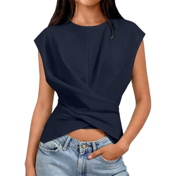 Dolkfu Outdoor Tops for Women Trendy Crew Neck Pull-on Sleeveless Blue Tank Tops Solid Fashion Modern Navy,M
