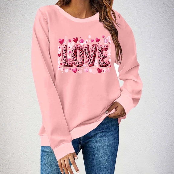 Dolkfu Oversized Shirts for Women Trendy Valentines Pink Heart Print Shirts Crewneck Graphic Casual Tops for Women M