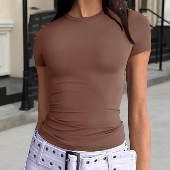 Dolkfu Oversized Tshirts for Women Short Sleeve Crew Neck Brown Tops Slim,Fitted Waist Solid Color T-Shirts Women'S Shirts