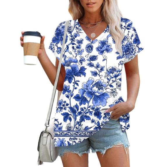 Dolkfu Oversized Tshirts for Women V-Neck Blue Short Sleeve Tops ...