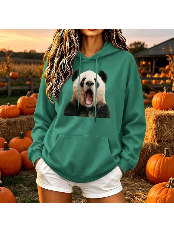 Panda Women'S Fall Winter Tops Crew Neck Long Sleeve Green Hoodie Cute Animal Classic Fit Modern Tops Army Green,S
