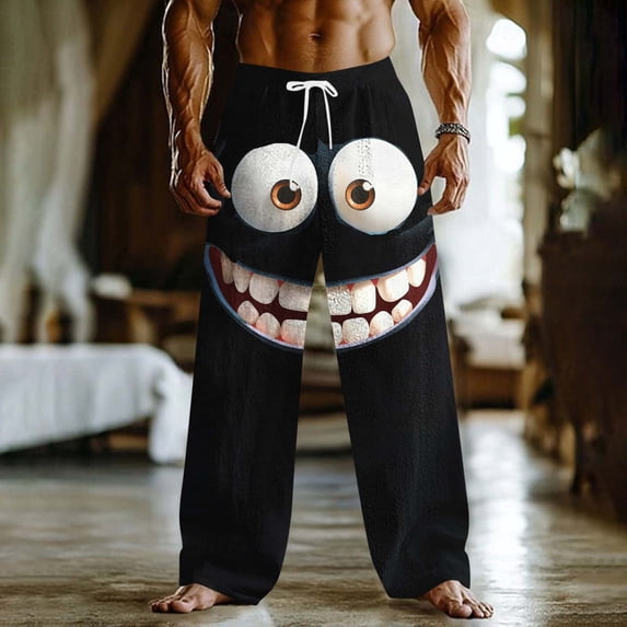 Dolkfu Pants Men Drawstring Wide Leg Sweatpants Baggy Comfy Graphic Mens Trouser L