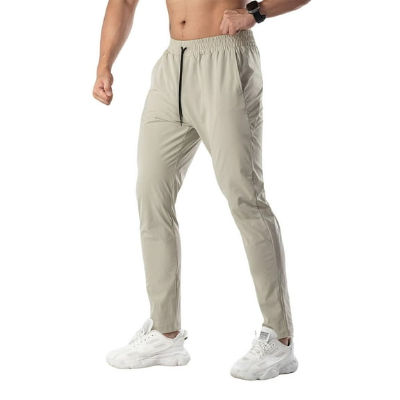 Dolkfu Pants Mens Athletic Stretch Beige Drawstring Sweatpants Track Running Tapered Trouser Mens,L