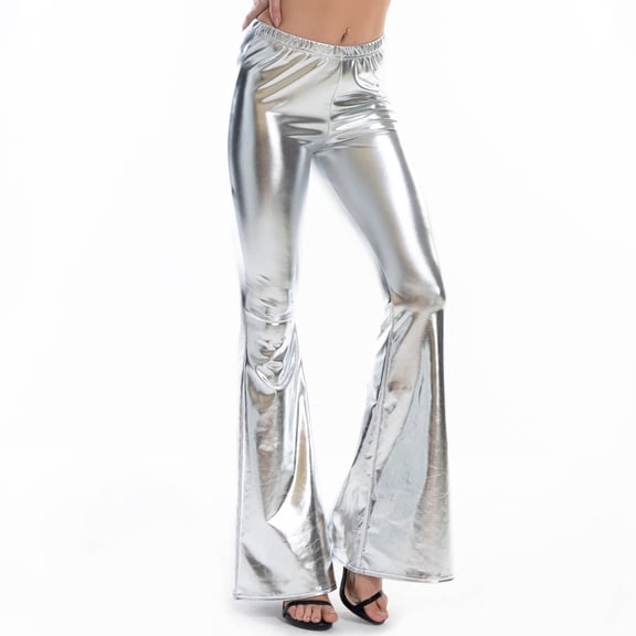Dolkfu Pants Women High Waisted Silver Glitter Sequin Disco Pants Nightclub Bootcut Flared Bell Bottom Womens Trousers M