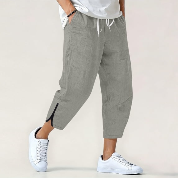 Dolkfu Pants for Men Comfy Drawstring Capri Ankle Zipper Cropped Mens Trousers XL